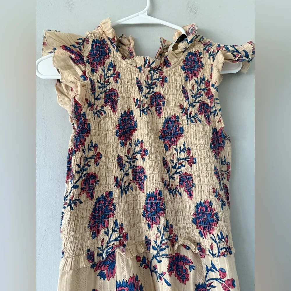 Sea New York Beige Floral Maxi Dress with Ruffle Shoulder mock neck 100% cotton - Picture 3 of 8